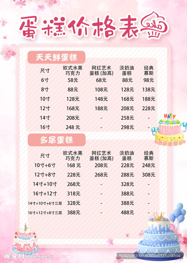 蛋糕价格表展示