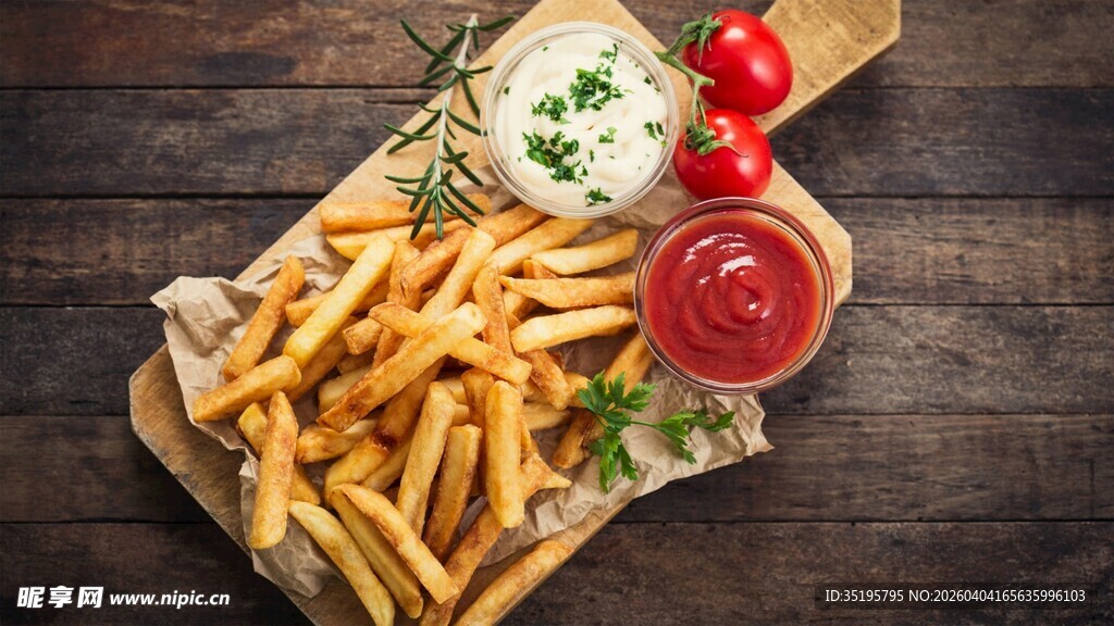 木板上的美味薯条组合