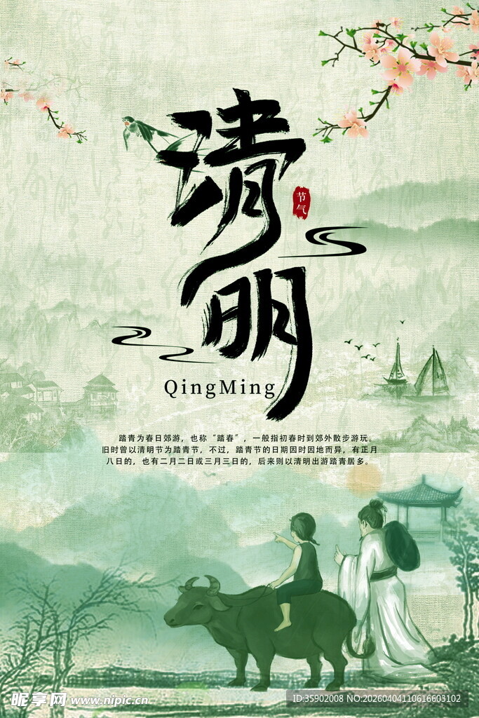 清明时节牧牛田园景象