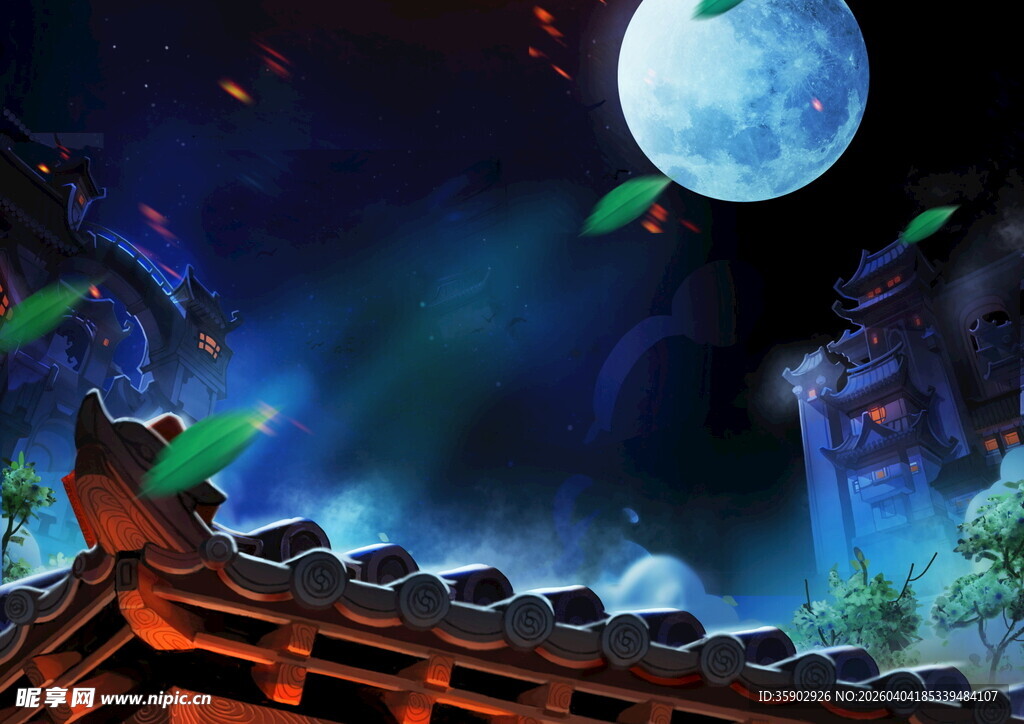 月夜屋顶的奇幻场景