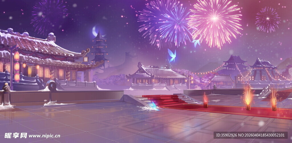 梦幻夜景烟花下的古风场景