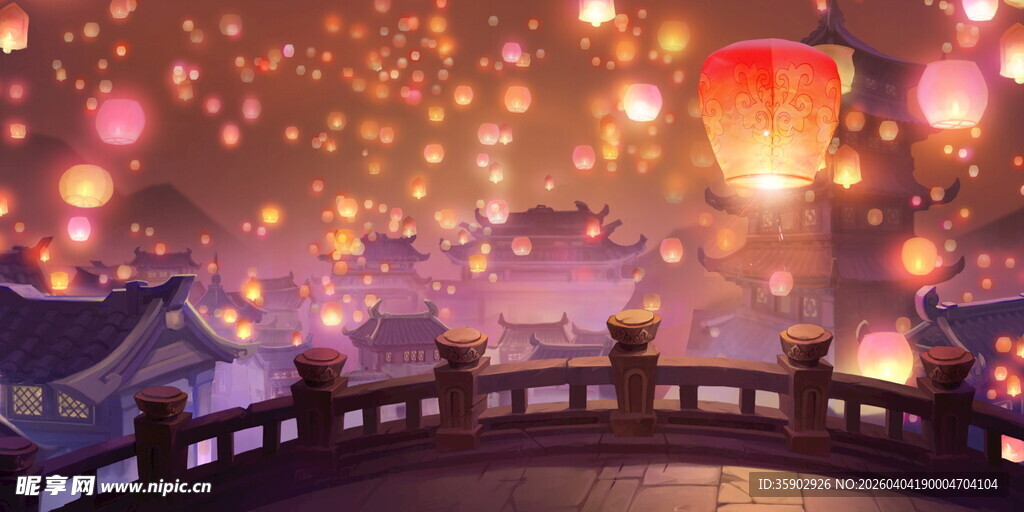 梦幻夜景中的古风灯笼桥