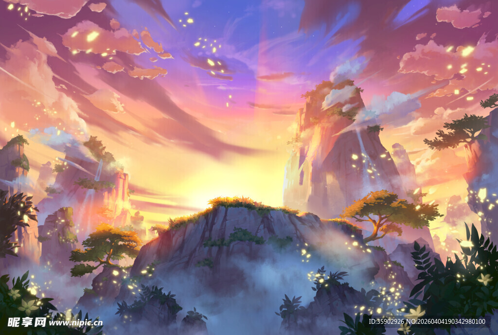 梦幻奇幻的山间黄昏景色