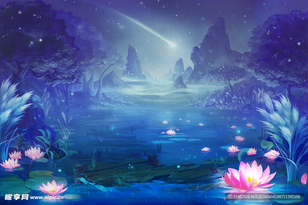 梦幻夜湖绽莲花的奇幻景