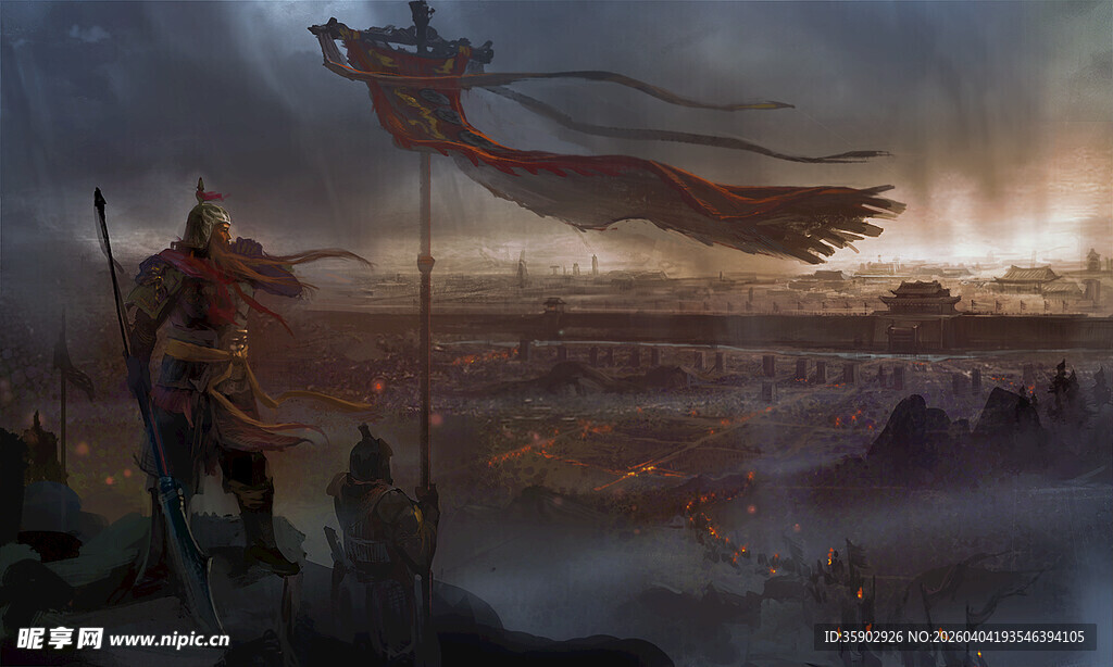 古代将军城楼挥旗远眺