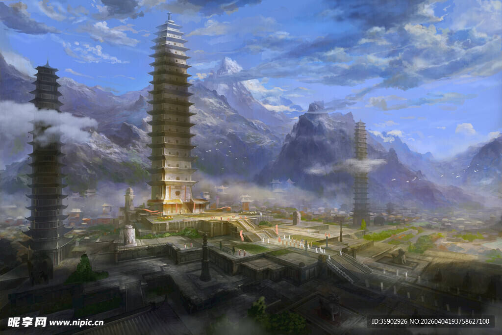 古风山水间的巍峨古塔