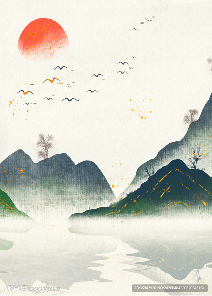 水墨山水间的红日飞鸟景