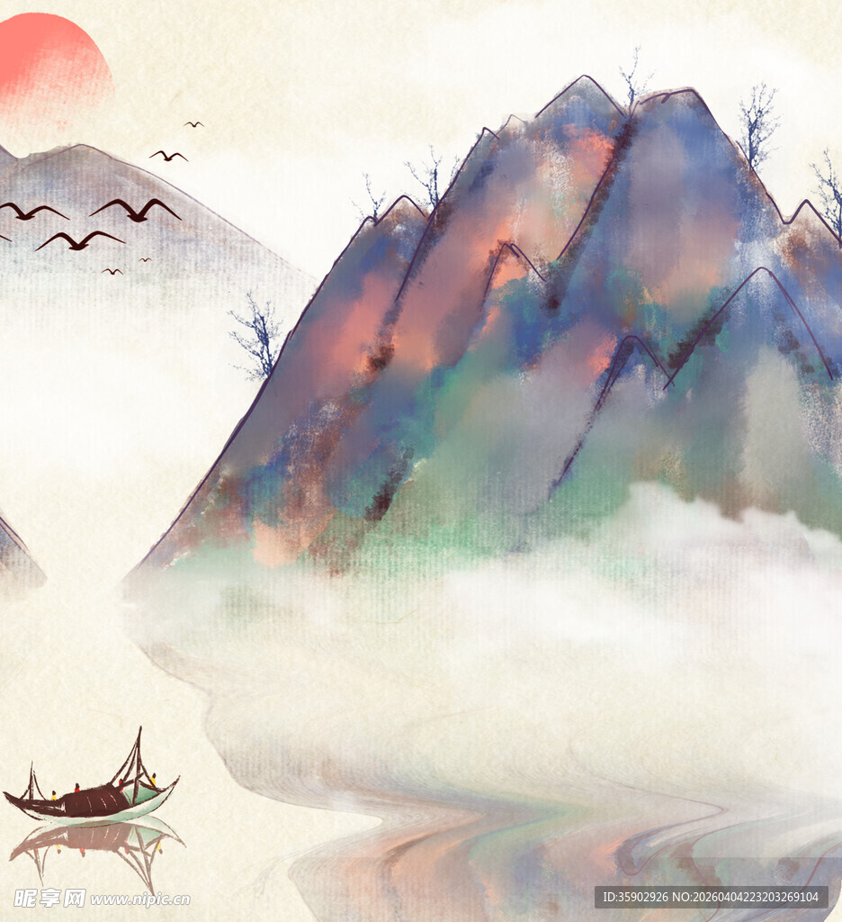 水墨山水间的孤舟落日