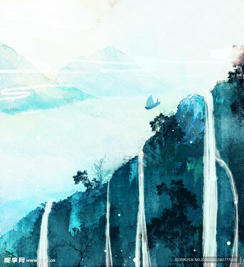 水墨风格山间瀑布美景