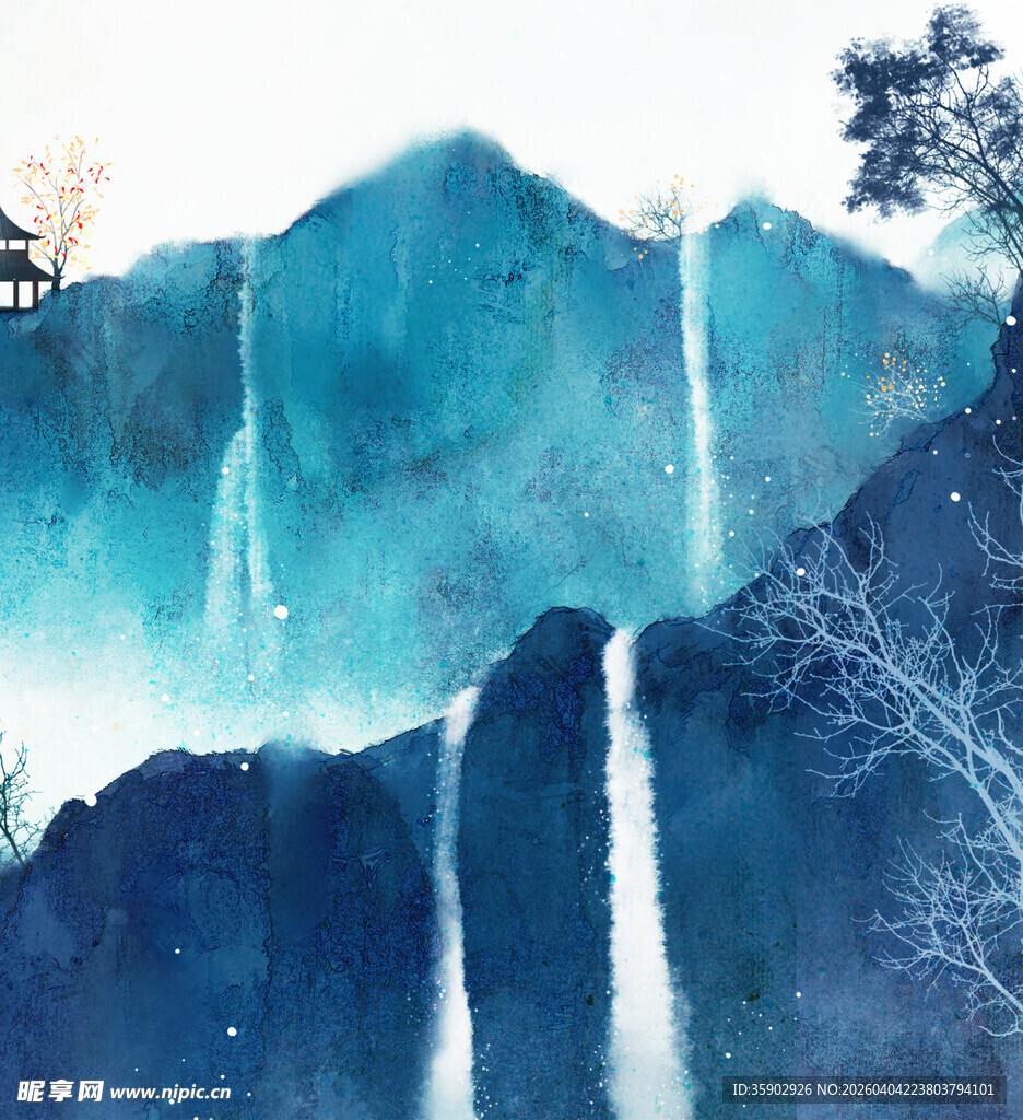 水墨山水间的飞瀑美景