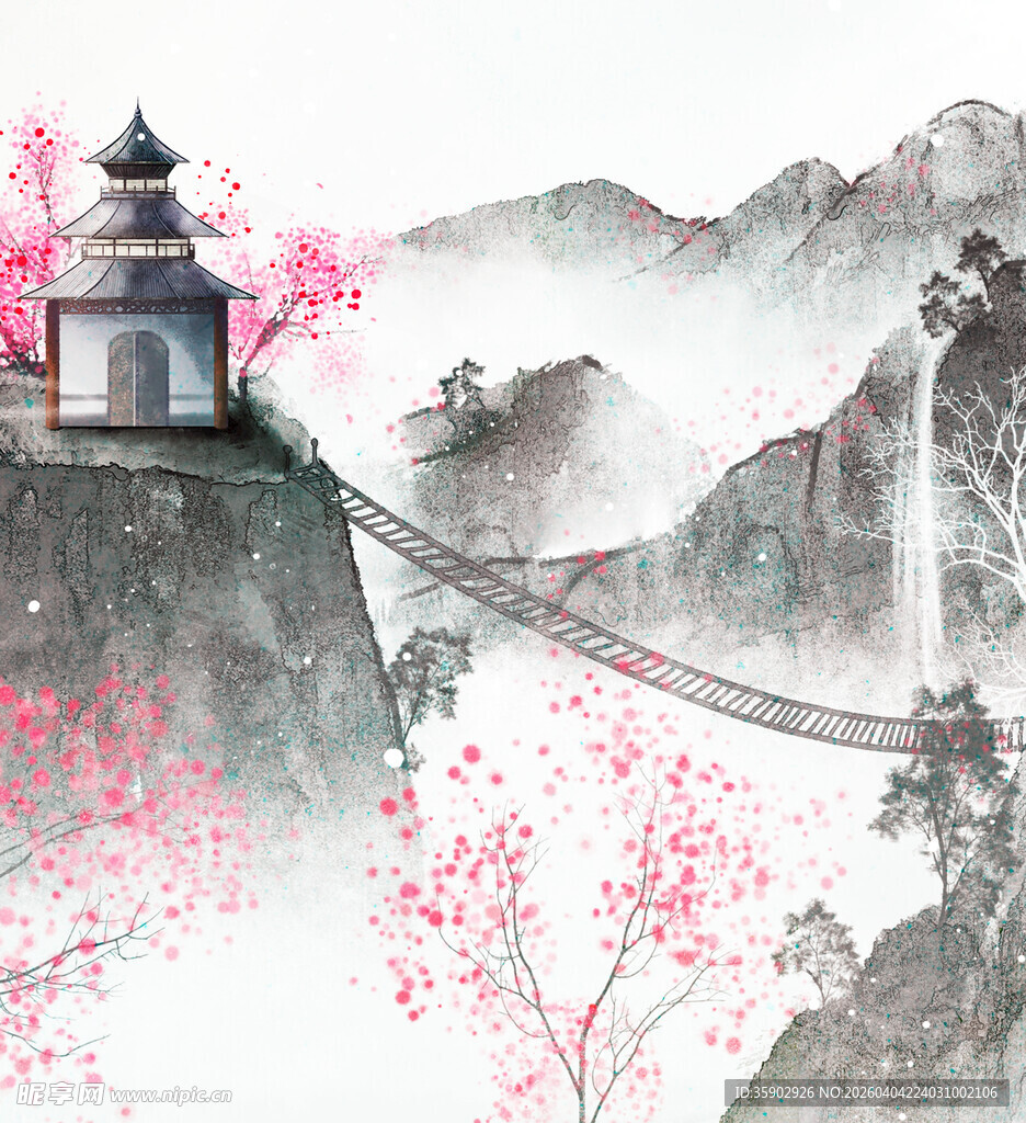 水墨山水间的悬索桥与塔