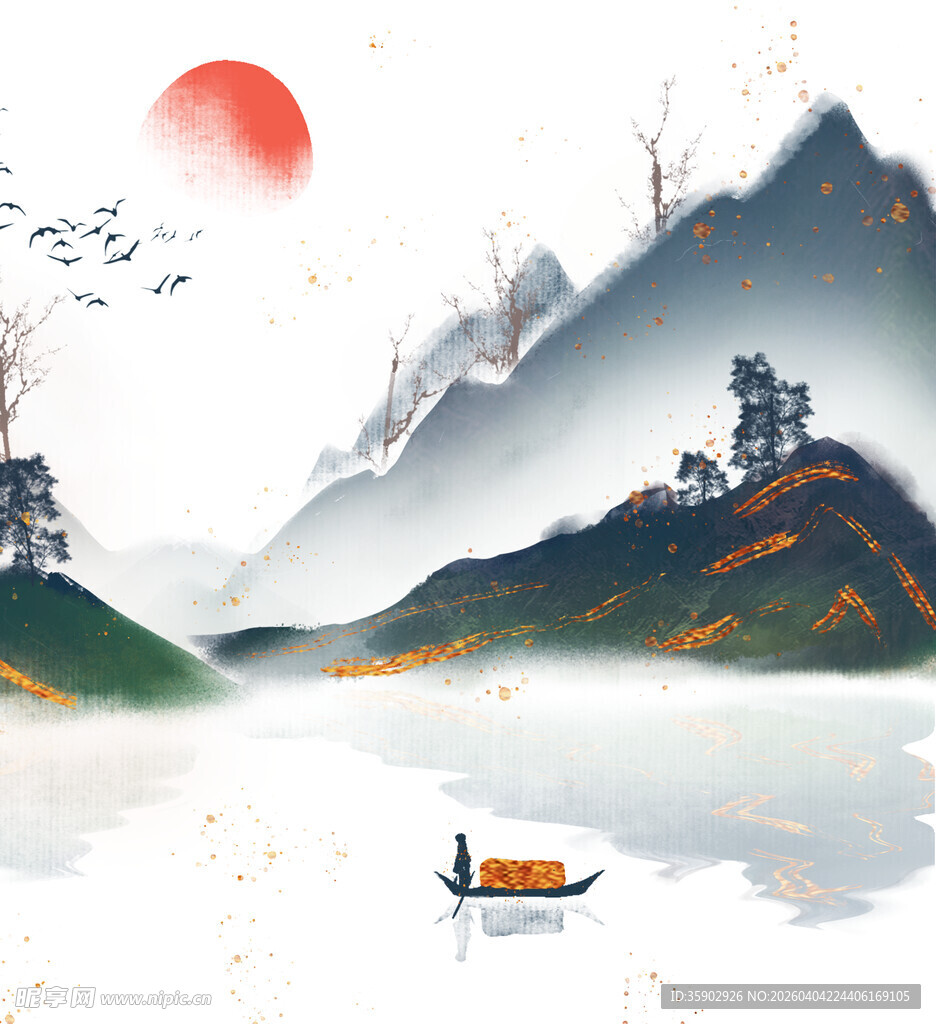 水墨山水间的孤舟落日