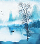 水墨山水间的孤树扁舟