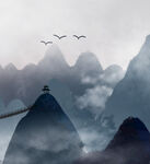 云雾山间孤亭飞鸟之景