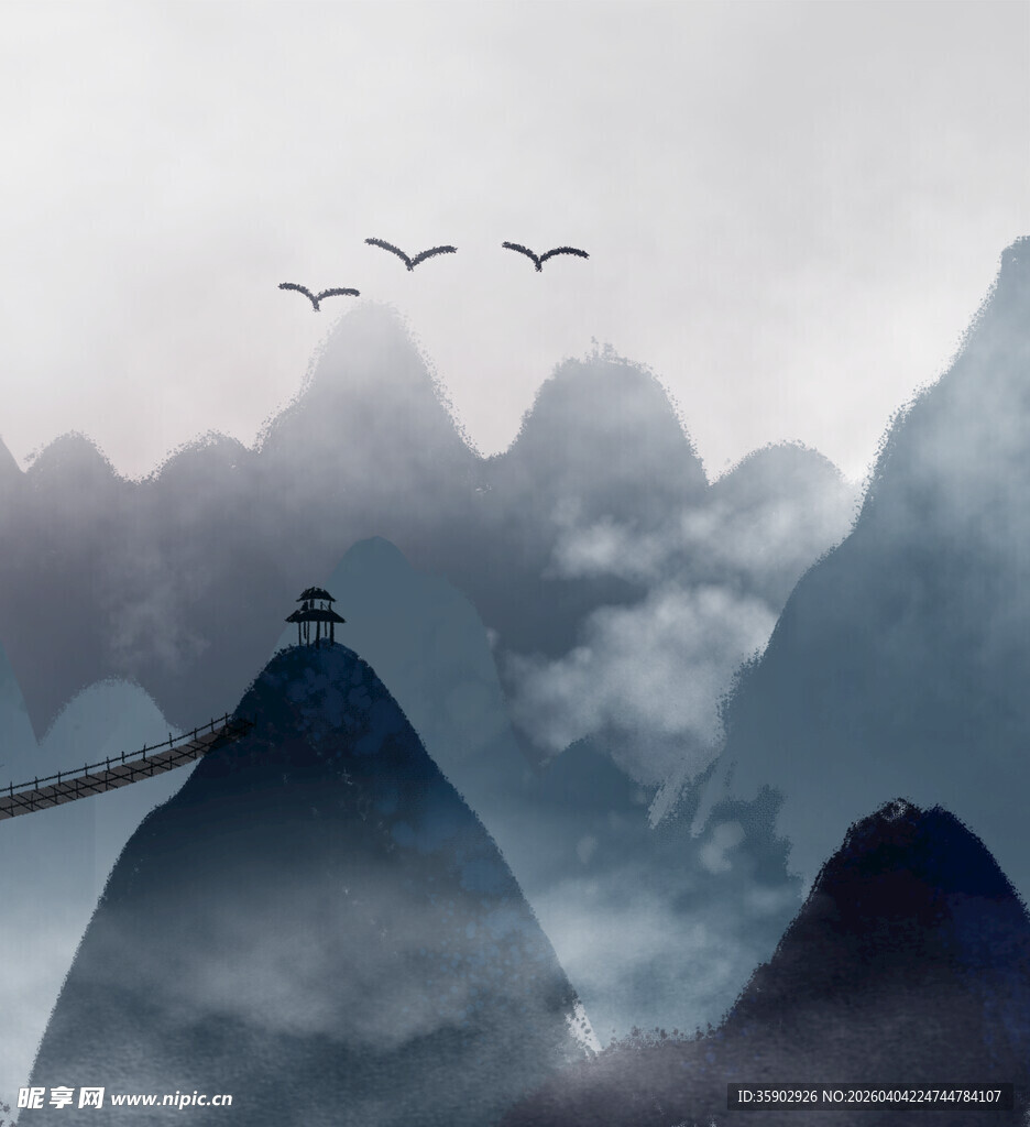 云雾山间孤亭飞鸟之景