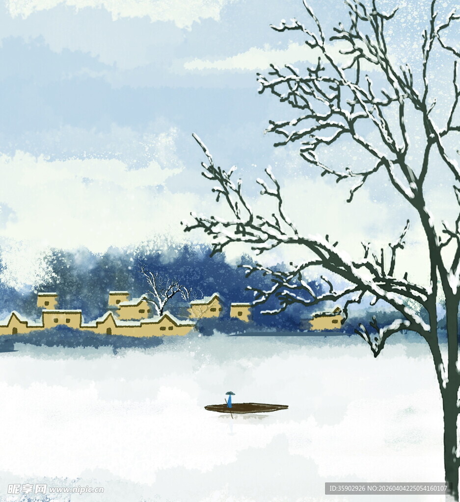 冬日湖景孤舟图
