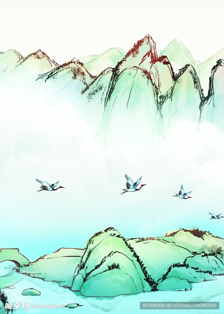 水墨山水间飞鸟悠然