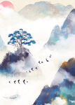 水墨山水间的孤松飞鸟