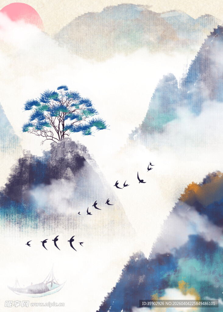 水墨山水间的孤松飞鸟
