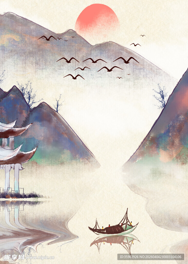 水墨山水间的孤舟落日景