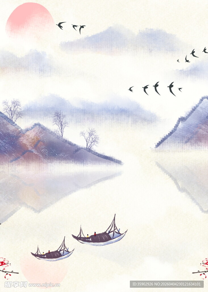 江上扁舟伴飞鸟落日景