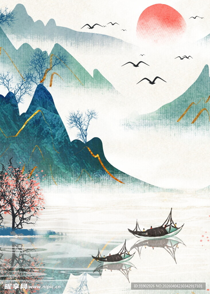 水墨山水间的孤舟美景