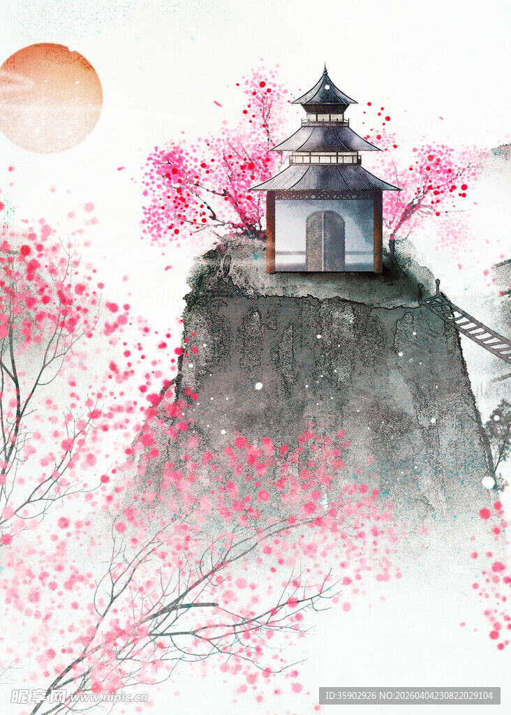 山巅古亭映粉樱