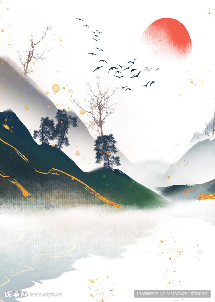 水墨山水间的红日飞鸟景