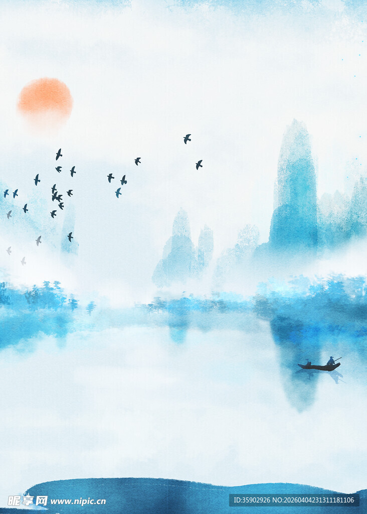 水墨山水间孤舟伴飞鸟
