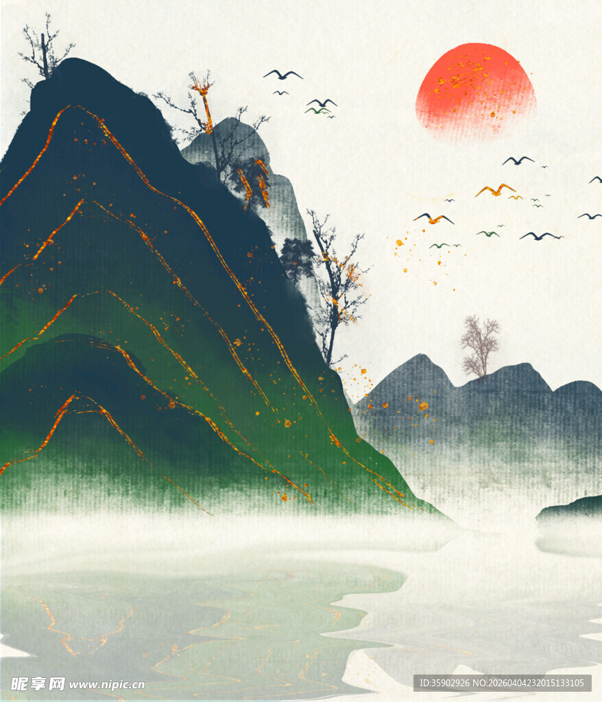 水墨山水日出图