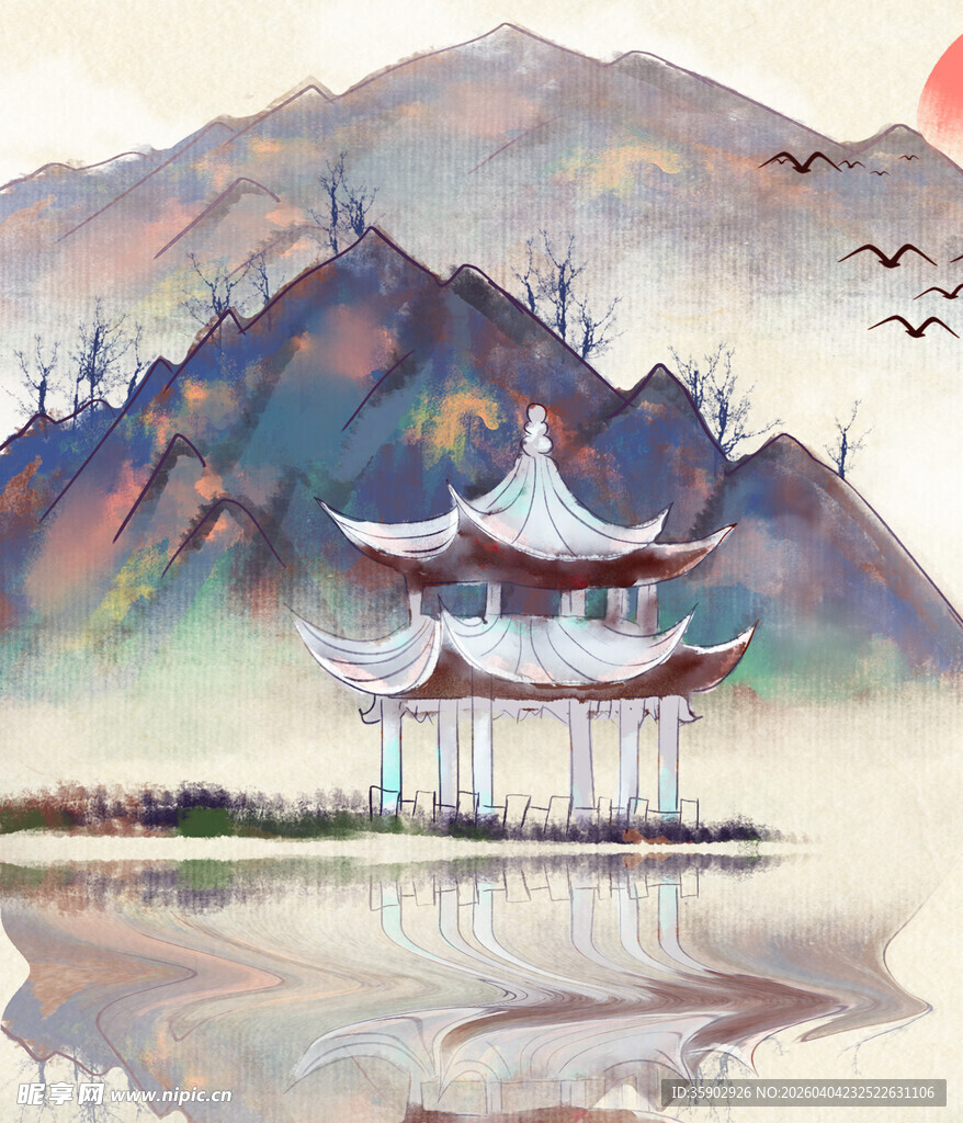 水墨山水间的古典楼阁