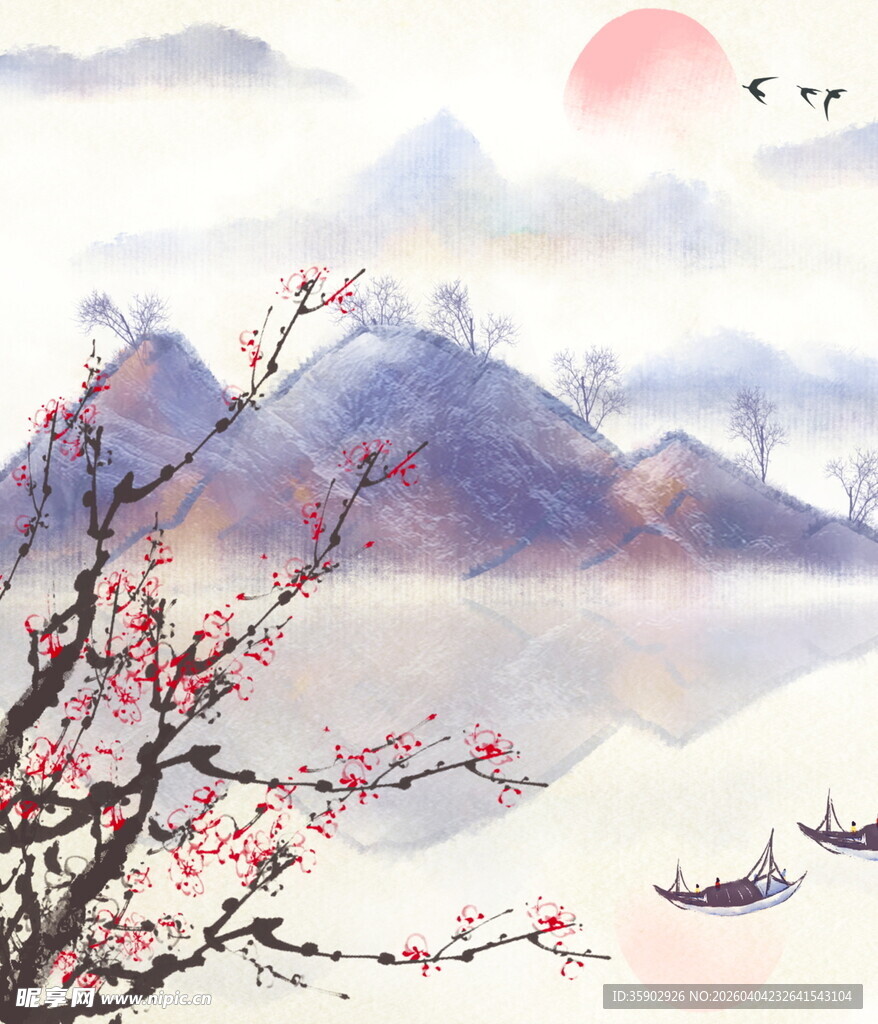 水墨山水间的红梅与孤舟
