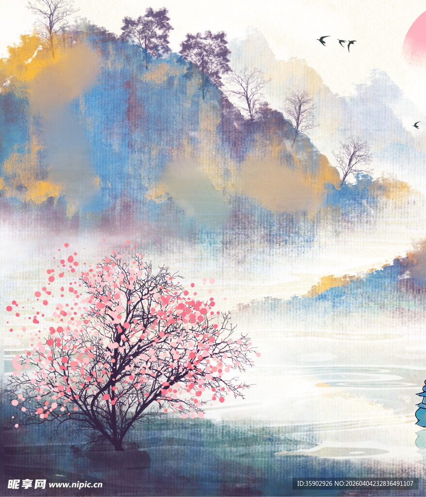 水墨山水间的烂漫花枝