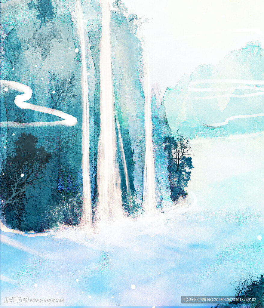 梦幻水彩风森林湖泊美景