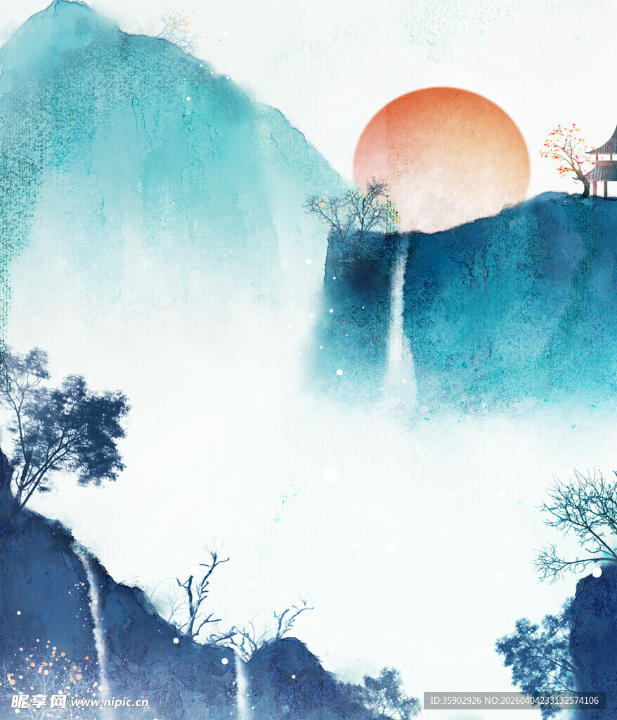 水墨山水间的日出美景