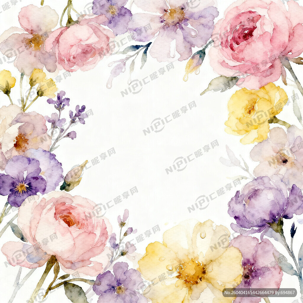 四边满铺各种花朵 中间留白