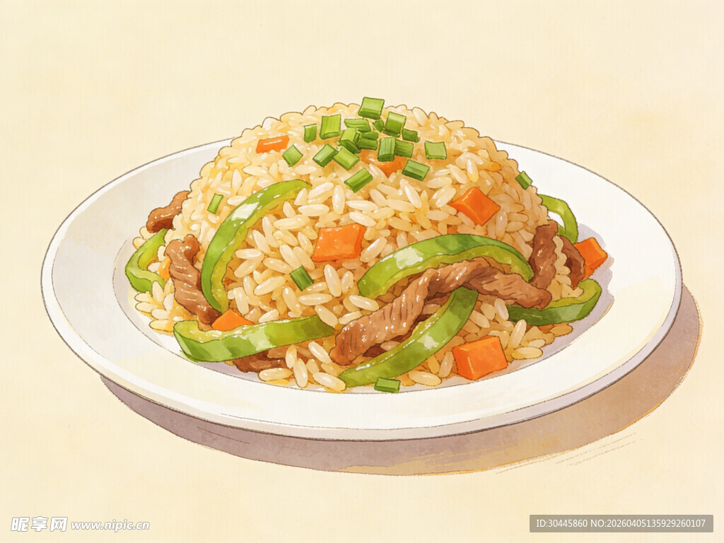 手绘青椒肉丝炒饭