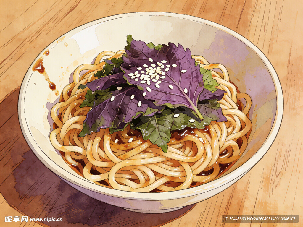 手绘紫苏拌面