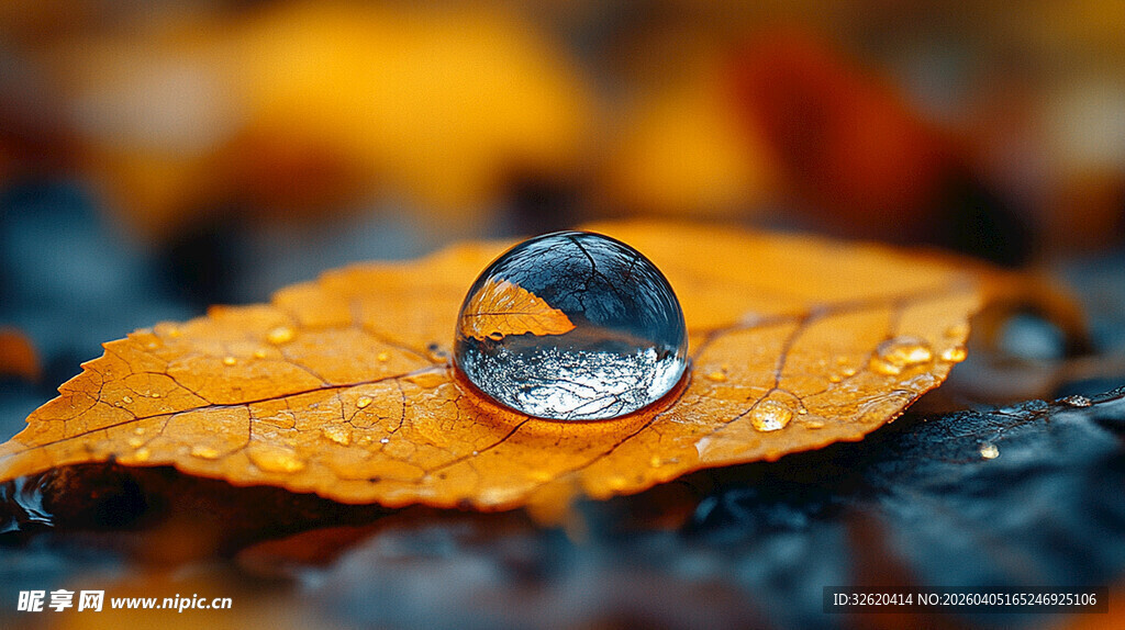 秋叶上的晶莹水珠