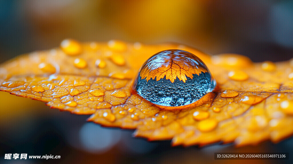 秋叶上晶莹的水滴倒影