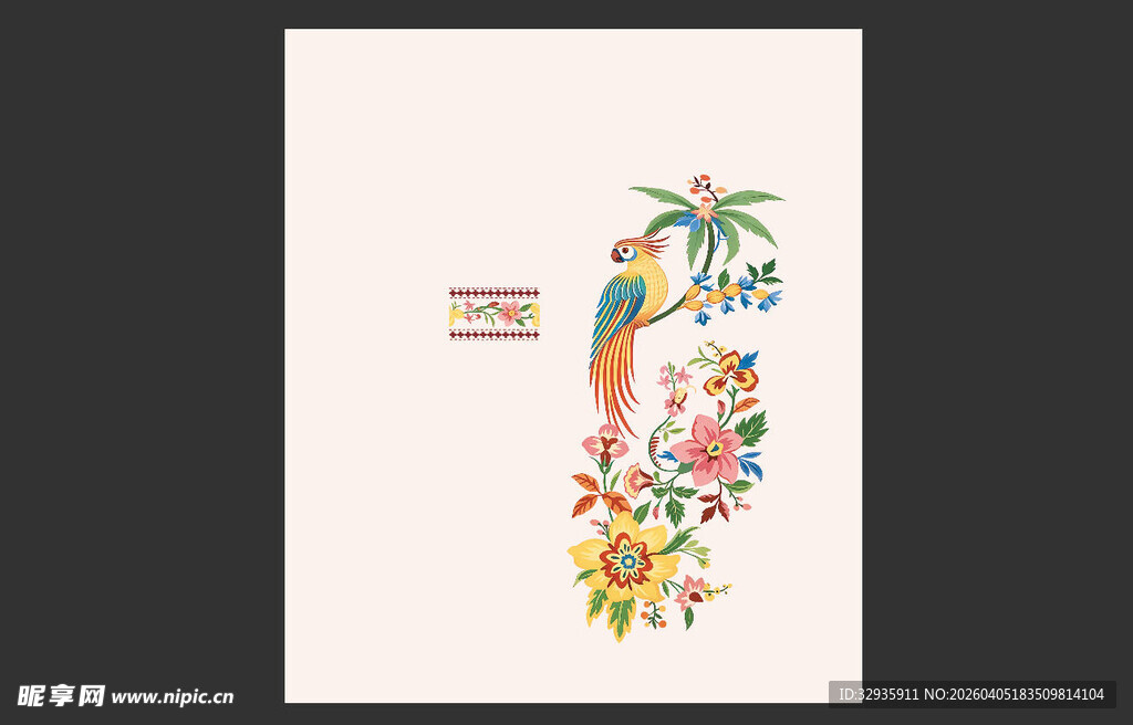 热带花卉与鹦鹉插画图案