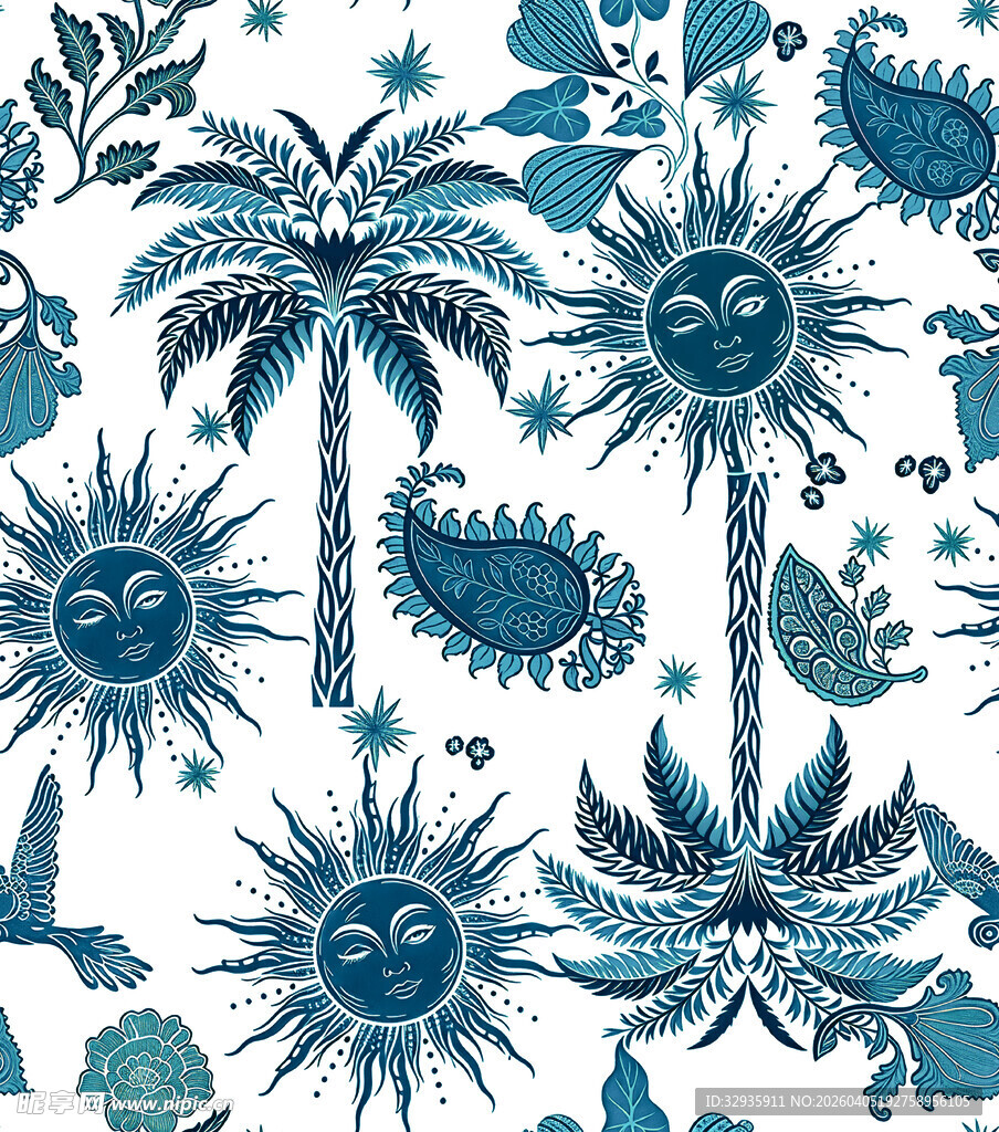 蓝白热带风情植物图案