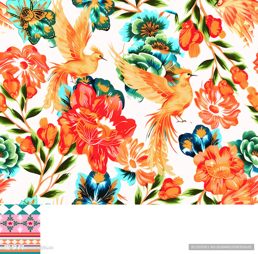 多彩花卉与飞鸟图案设计