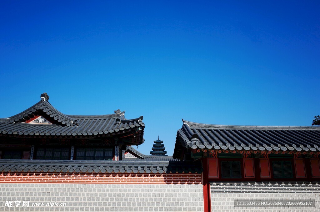 中式古建筑屋顶与蓝天