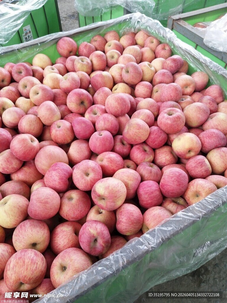 新鲜红苹果堆放在箱中