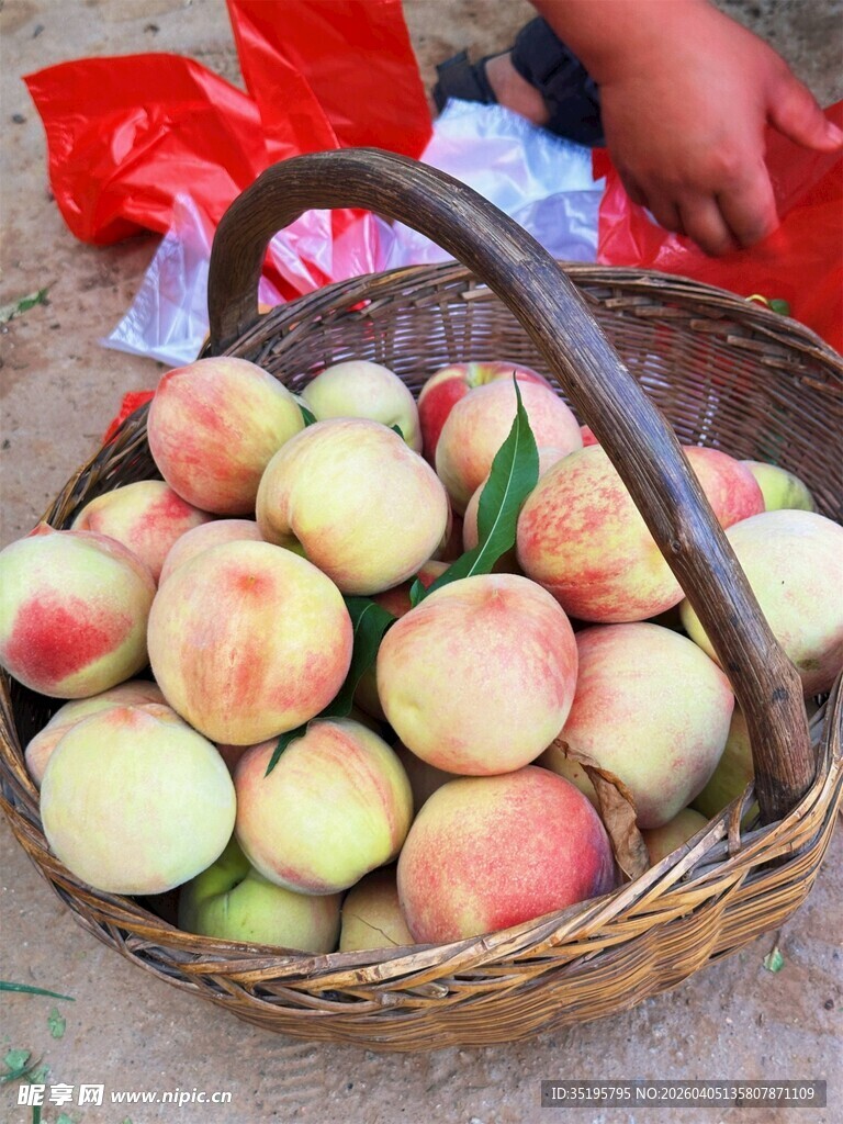 竹篮里的新鲜水蜜桃
