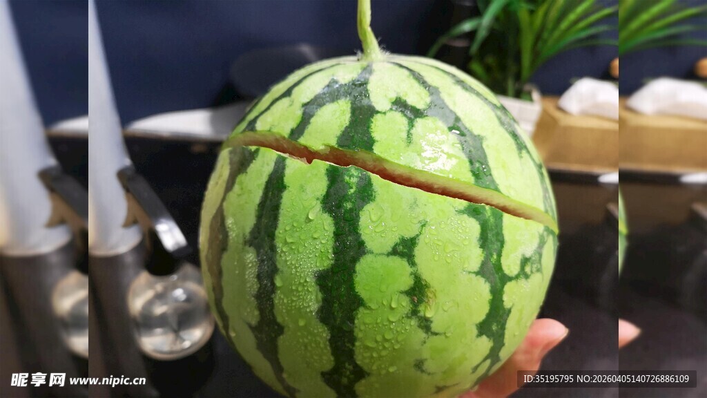 手捧新鲜条纹大西瓜