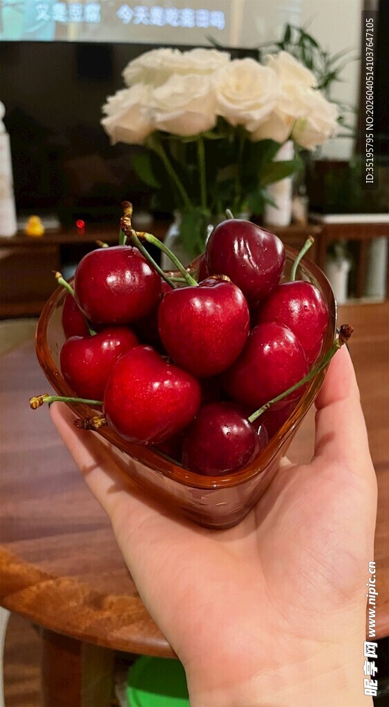 手捧新鲜娇艳樱桃一束