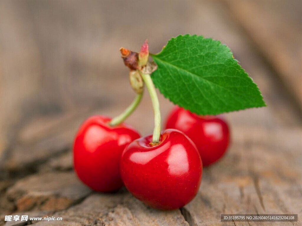 三颗鲜红樱桃置于木面