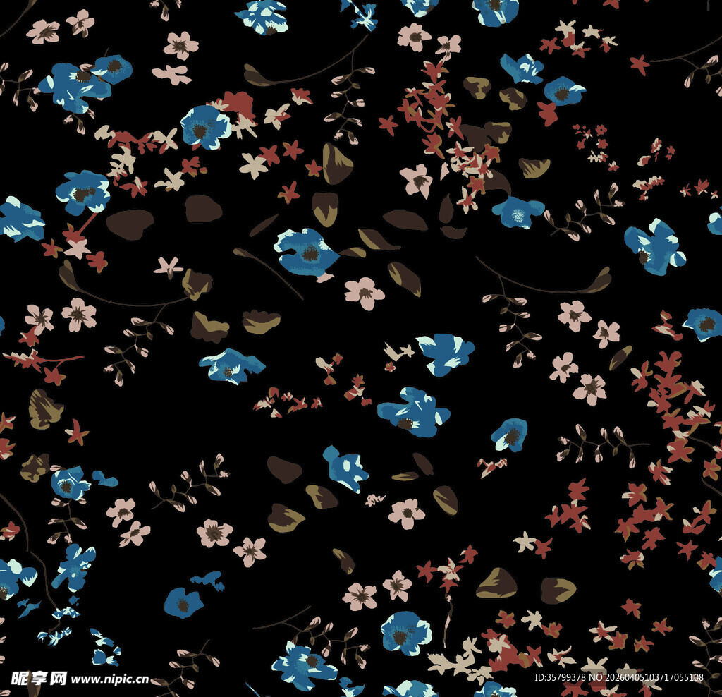 黑色底花卉碎花图案布料